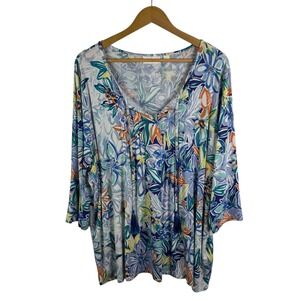 Belle Kim Gravel Floral Tunic Top Sz‎ XL Tassel V-Neck Tropical Colorful Stretch
